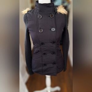 Double Breasted Top/Jacket With Detachable Faux Fur Hood.